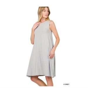 Zenana Sleeveless Jersey Flared Swing Tank Dress with Side Pockets Grey Small